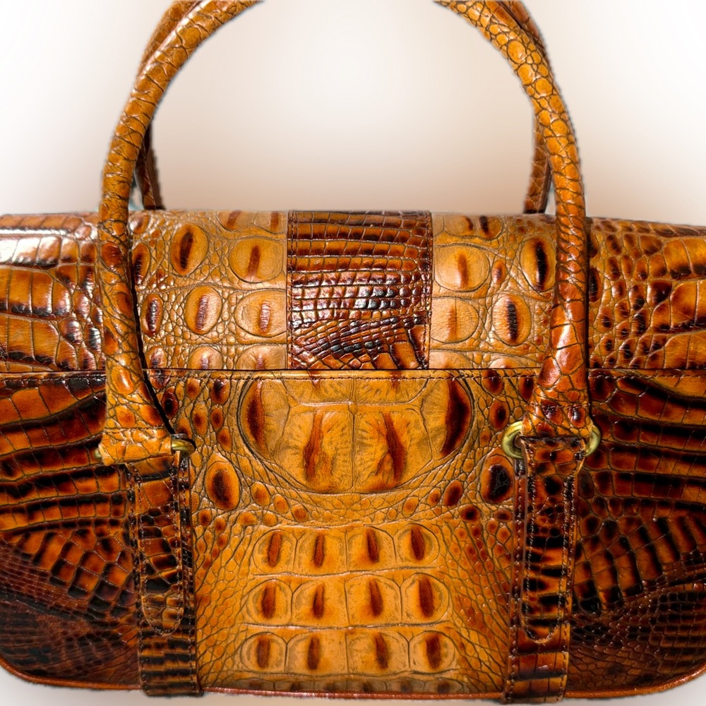 Croc-Embossed Leather Satchel Handbag in Cognac - Picture 2 of 11